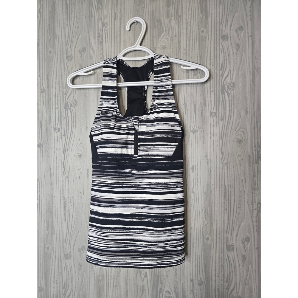 Lands End Womens XS 2-4 Black White Stripe Zip Racerback Tankini Swim Top